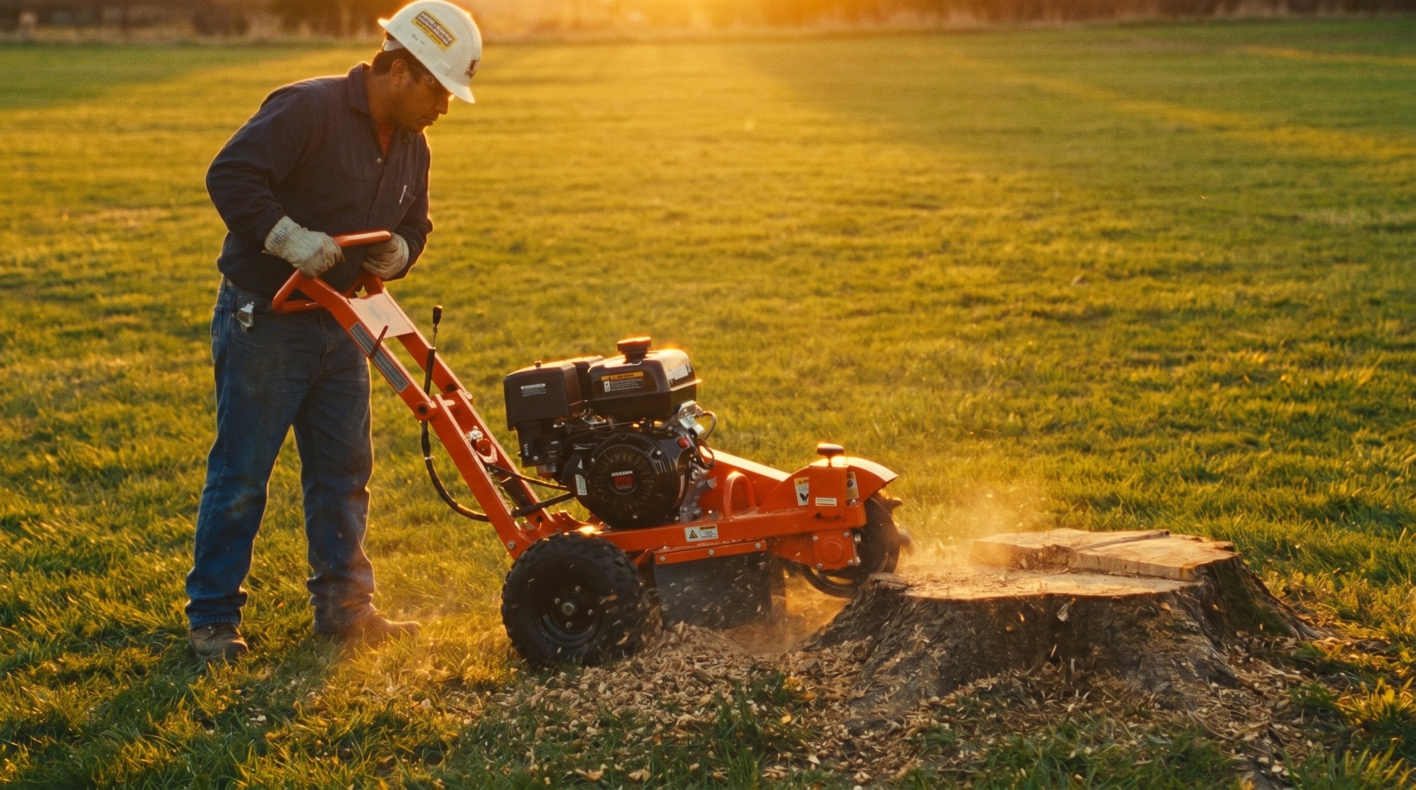 Grinding a tree stump in an open field at sunset