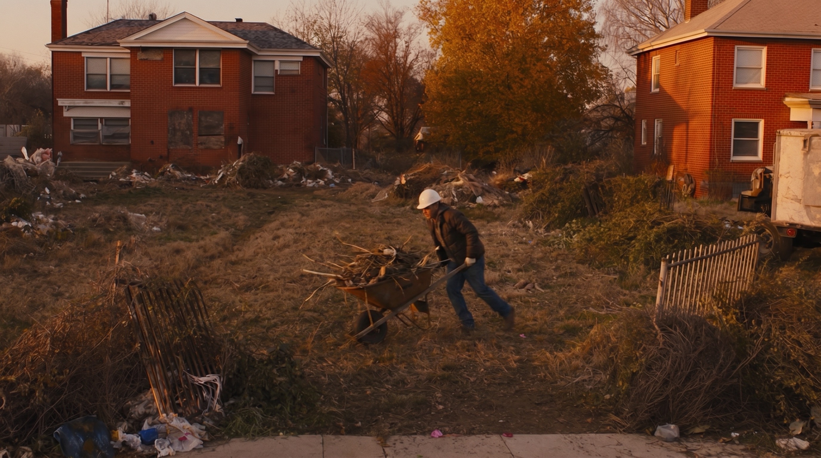 Clearing a vacant lot between two houses